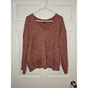 Express Women's V-Neck Knit Chenille Sweater Rose Pink Size M Medium Long Sleeve